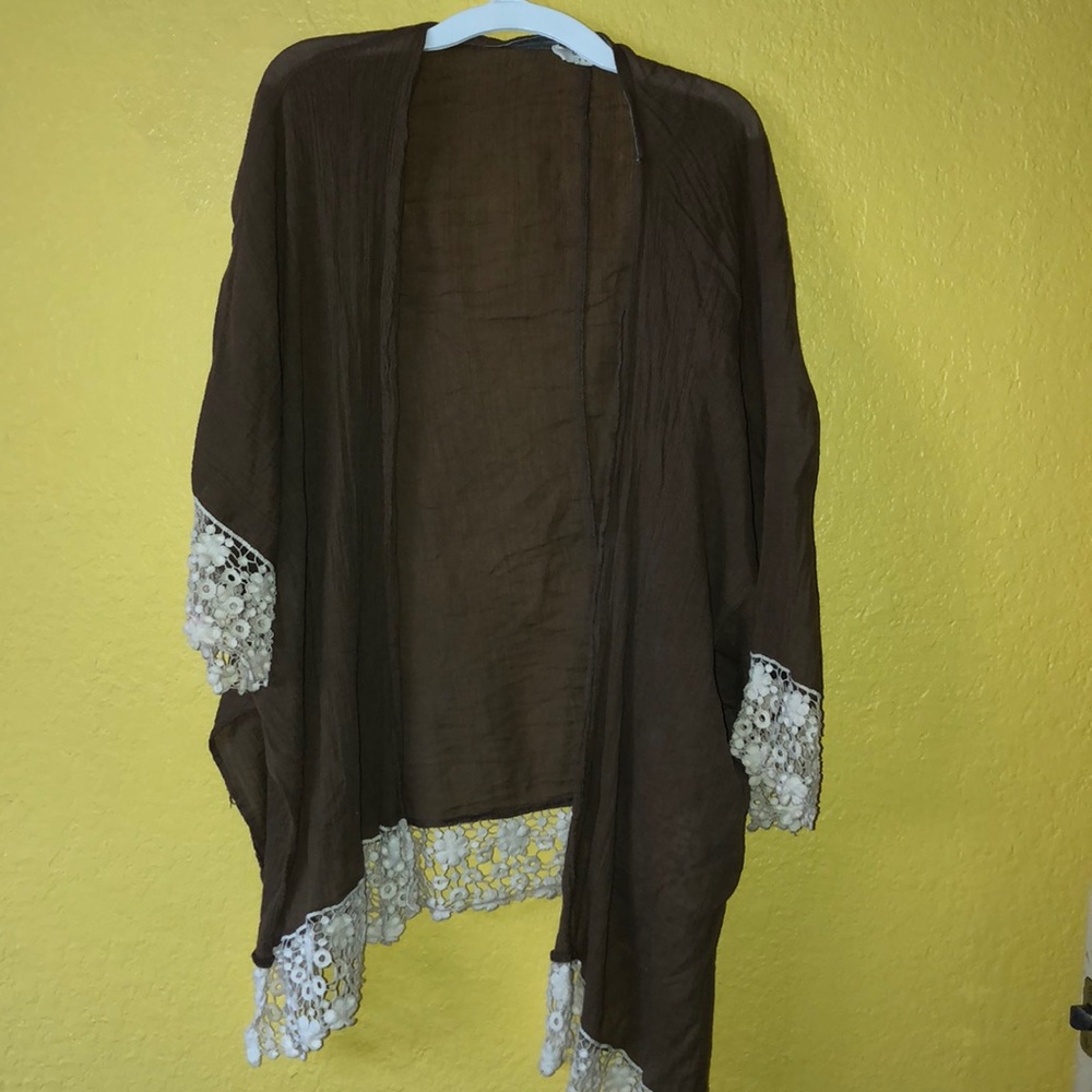 Brown and white crocheted Anthropologie cardigan
